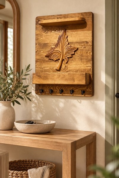 Kütük shop Wooden Leaf Carved Detailed Mailbox Key Holder Hanger 60X40 cm