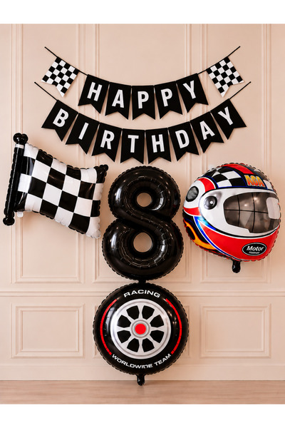 ALYA Party 8 Years Old Race Themed Birthday Decoration Set 4-Piece Foil Ballo...