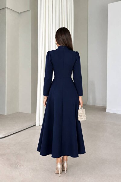 maf collection Women's Long Sleeve High Neck Navy Blue Waist Fitted Front Button Detail Long Evening Dress Graduation Gown