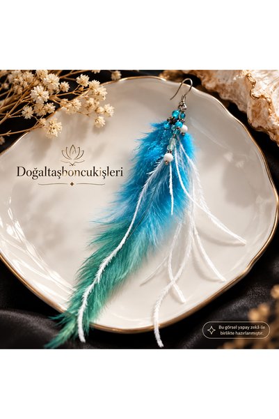 doğaltaşboncukişleri Feather Earrings Bohemia Style Turquoise Green