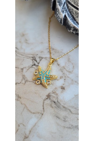 YİĞİTKARANAKSESUAR 316L Stainless Steel Blue Zircon Stone Starfish Necklace