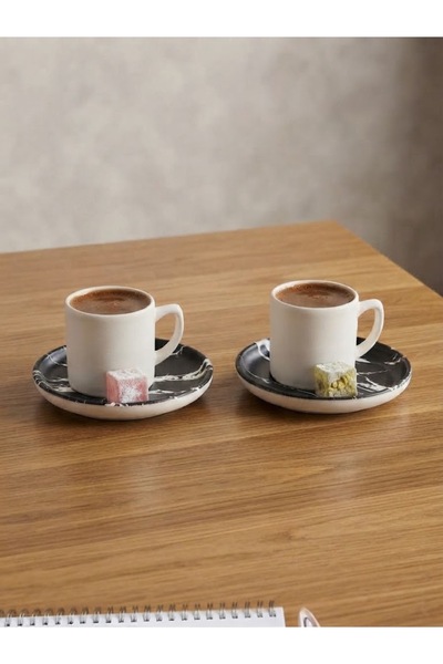 Elista Modern Marble Patterned 2-Person Luxury Turkish Coffee Cup Set - Black...
