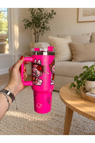 Labubu Desenli Fuşya Pembe Kulplu Çelik Termos Bardak
