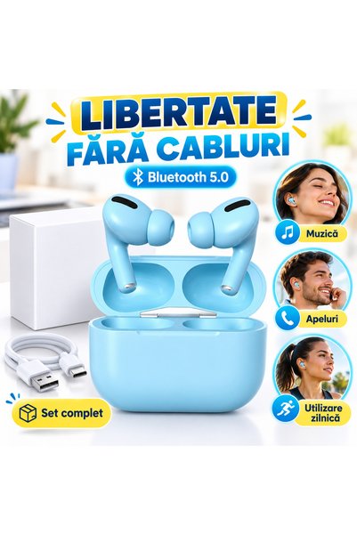 iTin Casti Bluetooth MinPods3, display LCD, Bluetooth 5.0, Albastru