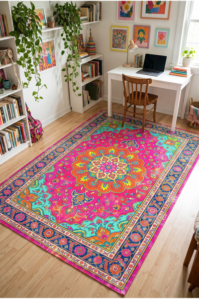 Renkli Canlı Eskitme Vintage Madalyonlu Pembe Turkuaz Turuncu Halı Salon Yatak Odası