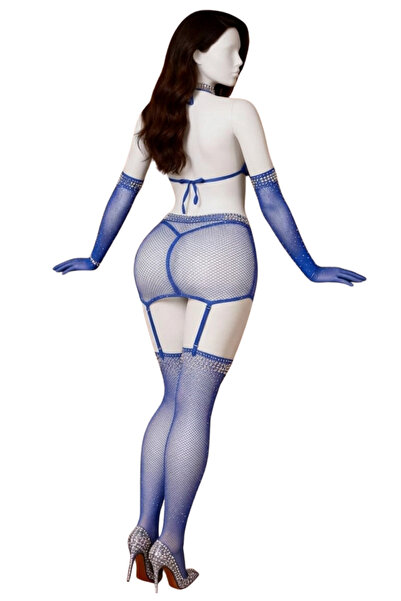 Lingerie and Fashion Style Blue Sexy Diamond Fishnet Bodystocking with Gloves