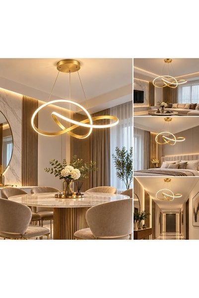 LUSTRE Lustră LED Suspendată Golden Infinity – Design Modern cu Inele Împletite, Auriu
