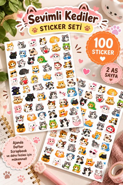 BieneGift 100 Adet Sevimli Kedi Sticker Seti 2'li A5 Sayfa | Renkli Kedi Çıka...