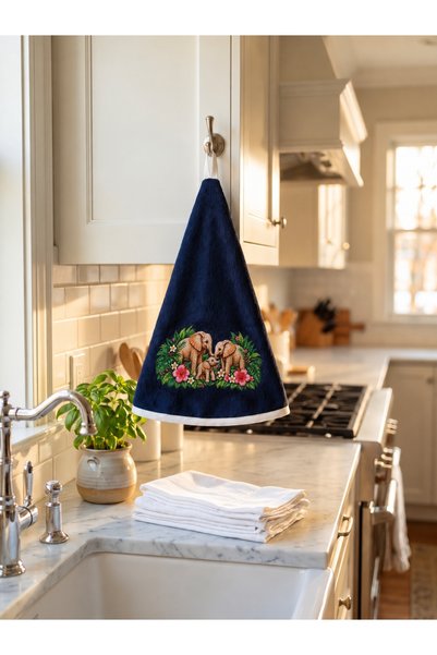 Lacivert Yuvarlak Mutfak Havlusu 2'li Set 65x65 cm Flamingo ve Fil Desenli Triga Kumaş