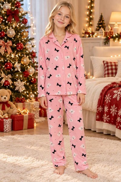 pijamino Girl Cotton Pink Color Long Sleeve Buttoned Pajama Set