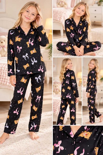 pijamino Girl's Cotton Long-Sleeved Buttoned Ribbon Teddy Bear Patterned Pajama Set