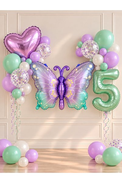 ALYA Party 5 Year Old Butterfly Themed Birthday Balloon Set Lilac Green Party...
