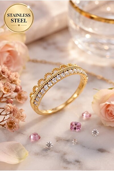 stainless steell Gold Color Motif Patterned Zircon Stone Adjustable Steel Ring