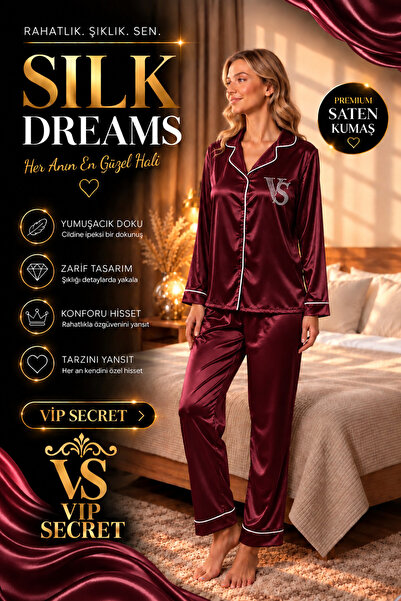 VİP SECRET Silky Satin Long-Sleeved Women's Pajama Set with Piping
