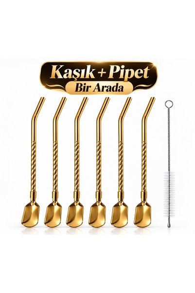 Aşkana yuvanıza aşkla... Aşkan'A 6-Piece Gold Stainless Steel Spoon and Straw...