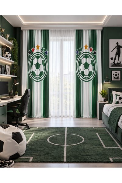 Bebişim Halı Green and White Football Ball Starry Double Winged Background Curtain