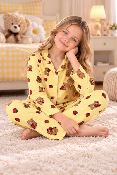 pijamino Girl's Cotton Buttoned Strawberry and Teddy Bear Patterned Long Sleeve Pajama Set