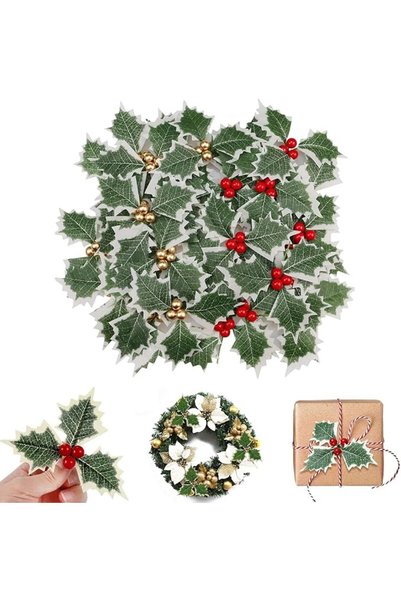 Goodern Christmas Artificial Holly Berries with Green Leaves,30PCS Christmas ...