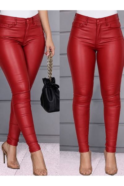 Kokosh moda Γυναικείο δερμάτινο παντελόνι με λεπτομέρεια τσέπης και στενή εφα...