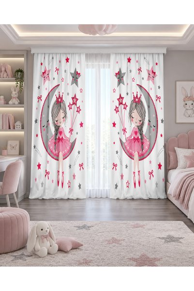 Bebişim Halı Pink Princess Moon and Star Pattern Double Winged Background Curtain