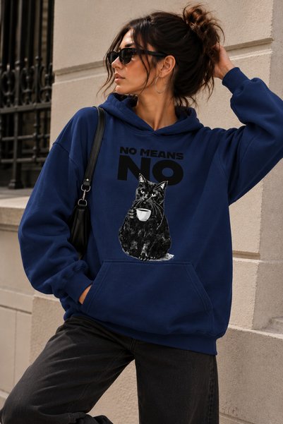 ENB1R MODA Women's Oversize Sweatshirt Hooded Cat Printed No Means No Black G...