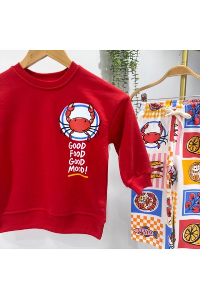 Kidmark Çocuk Modası Children's Unisex Crab Printed 100% Cotton Top and Bottom Set