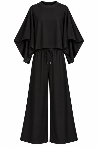 Laluvia Black Cape Blouse Modal Set - 0398