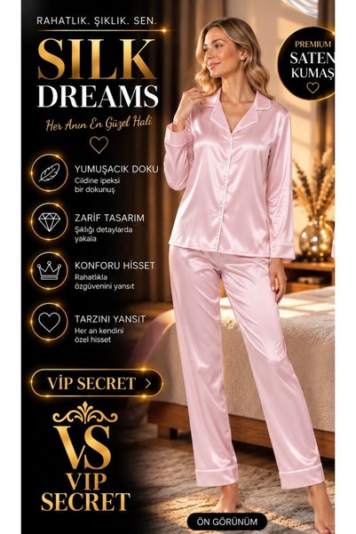 VİP SECRET Silky Satin Long-Sleeved Women's Pajama Set with Piping