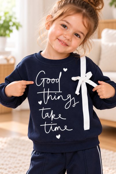 osso kids Girl's Written Lettering Bow Detailed Tracksuit Set 2-3-4-5 Years Old