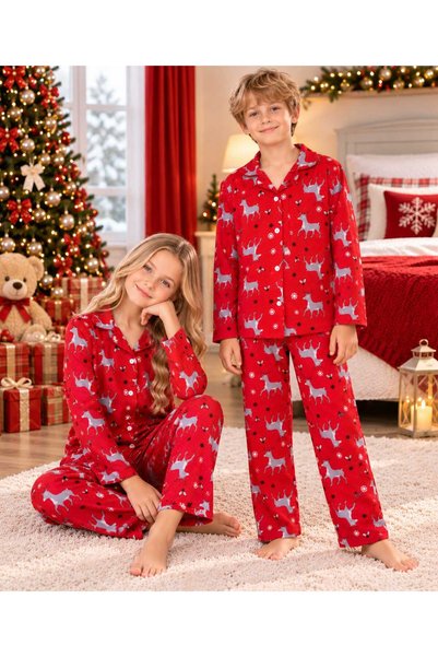 pijamino Girl and Boy Christmas Design Cotton Long Sleeve Button Pajama Set