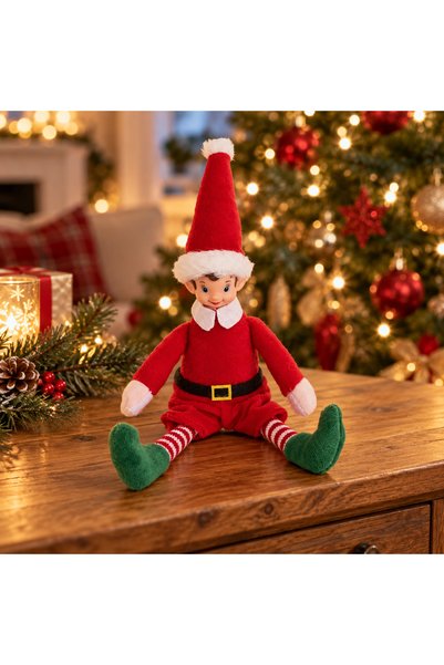 SBR Figurină spiriduș de Crăciun, 25 cm, costum roșu și pantofi verzi