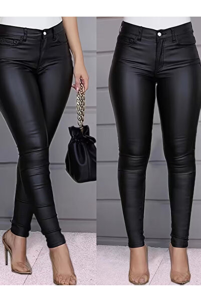 Kokosh moda Γυναικείο δερμάτινο παντελόνι με λεπτομέρεια τσέπης και στενή εφα...