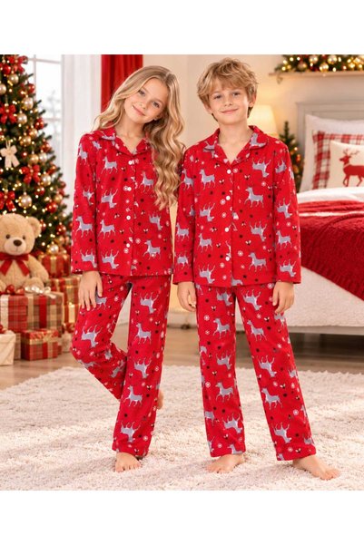 pijamino Girl and Boy Christmas Design Cotton Long Sleeve Button Pajama Set