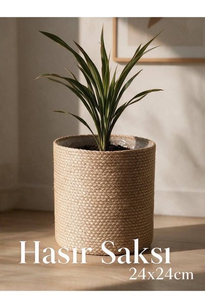 HOLLYHOME Hasır Saksı 24cm - İçi Su Sızdırmaz Poşetli Doğal Örgü Hasır Sepet ...