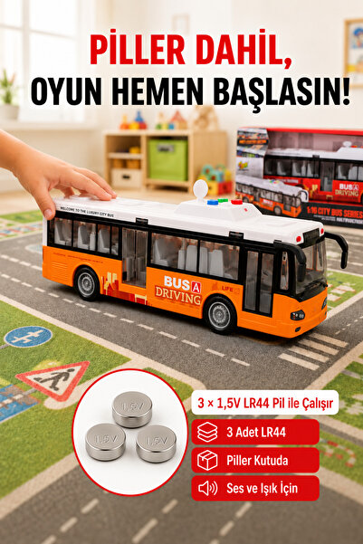 OpenCity Turuncu Model Büyük Pilli Işıklı Sesli Yolcu Otobüsü 28 cm 1:16 Açılır Kapılı Çocuk Oyuncağı Korna Tuşu