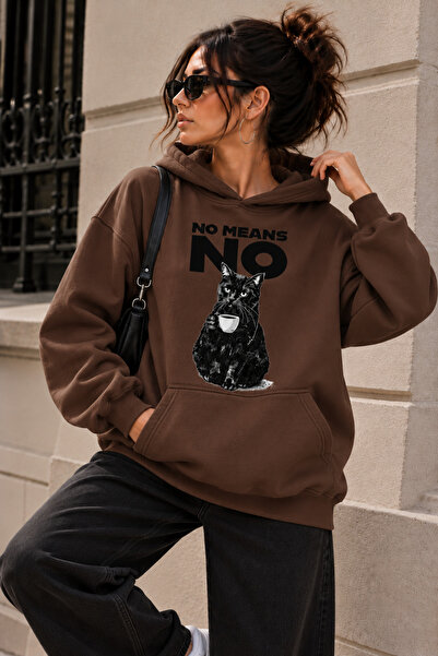 ENB1R MODA Women's Oversize Sweatshirt Hooded Cat Printed No Means No Black G...