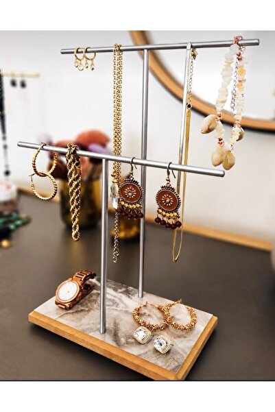 Drm Wood Silver Jewelry Stand, Earring Holder, Bracelet, Necklace Set, Jewelry Cabinet Organizer with 2 Holes