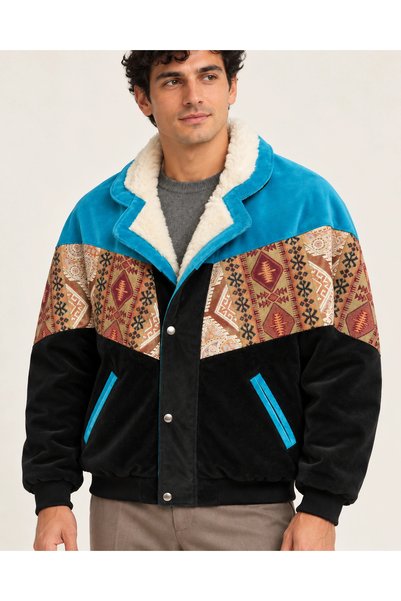 CANMODA (8098) سترة بومبر رجالية بياقة من الفرو وتصميم عتيق مزين بالرقع - مقاس L/XL