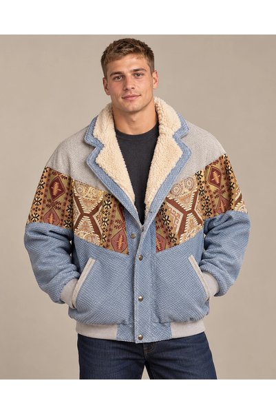 CANMODA (8108) سترة بومبر رجالية بياقة من الفرو وتصميم عتيق مزين بالترقيع - مقاس L/XL