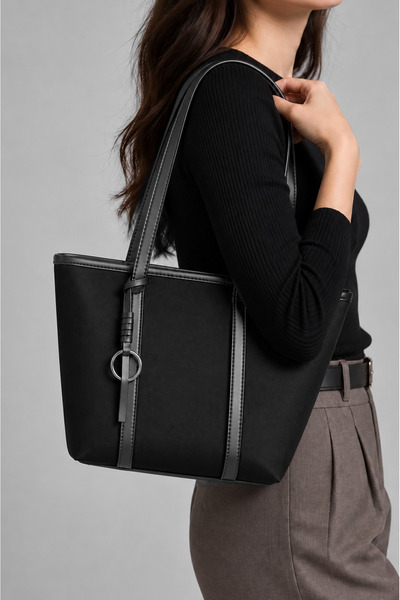 Rimense Women's Black Zippered Lined Hand and Shoulder Bag