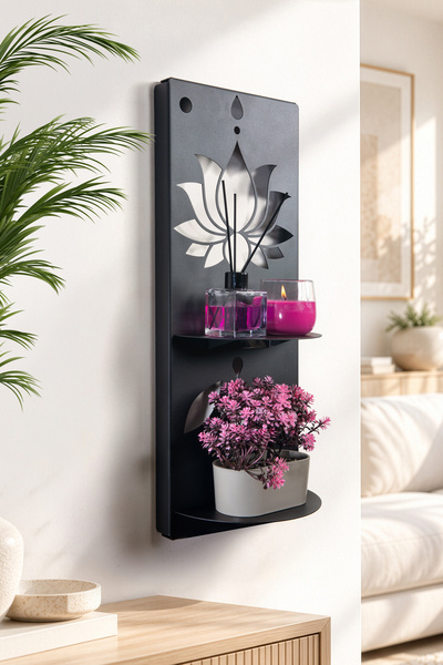 DEKORENZO Raft de perete cu model floare de lotus, metal negru, 2 niveluri, 2...