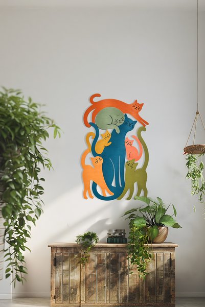 artnzu Kedi Sarmalı: Renkli Patiler Metal Duvar Tablosu