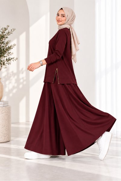 MEYASU Women's Hijab 2-Piece Set Modal Fabric Zipper Detailed Tunic Wide Leg Pants Skirt - Burgundy