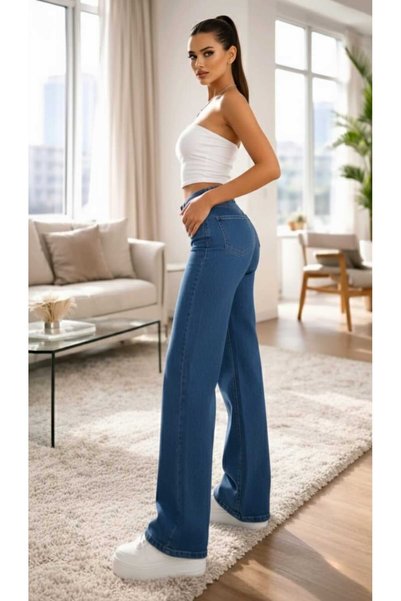 NWC Lara 90's Likralı Salaş Kadın Orta Mavi Süper Yüksek Bel Salaş Paça Denim Kot Pantolon