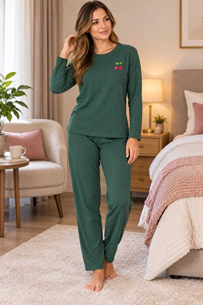 PİJART Women's Green Ribbed Knitted Pajama Set