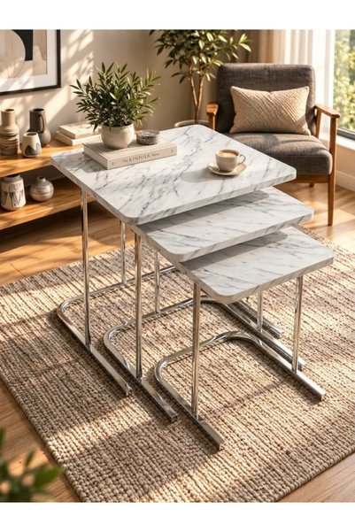 Nokta Sehpa Home Sehba 3LÜ kare GÜMÜŞ METAL BEYAZ MERMER TABLA İÇ İÇE GEÇEN Z...
