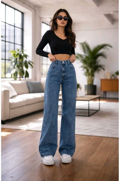 NWC Lara 90's Likralı Salaş Kadın Orta Mavi Kar Süper Yüksek Bel Salaş Paça Denim Kot Pantolon