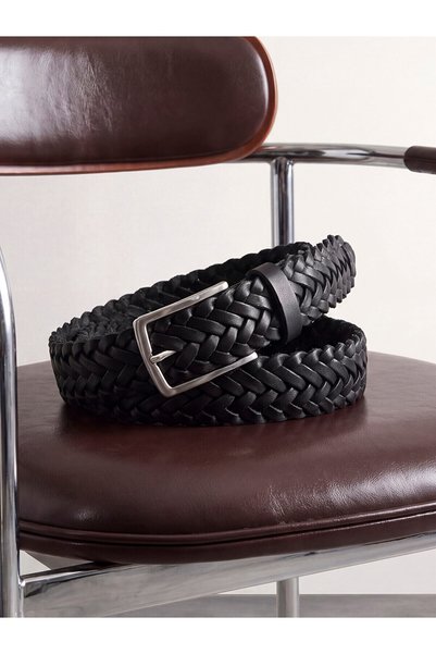 LC Waikiki Özmarka New Season Black Genuine Woven Leather Men's Belt.