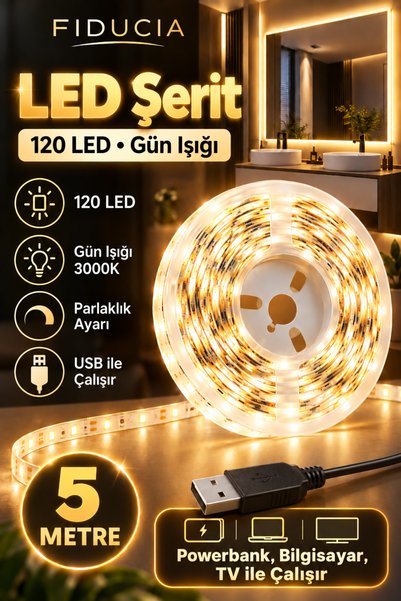 FIDUCIA 5 Metre 120 LED USB'li Gün Işığı Şerit LED Dekoratif Aydınlatma USB G...