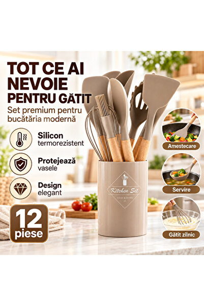 iTin Set ustensile bucatarie 12 piese, silicon termorezistent, maner lemn, Bej